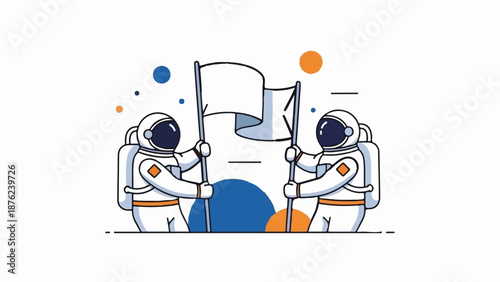 Two cartoon astronauts plant a flag together against a backdrop of colorful space elements