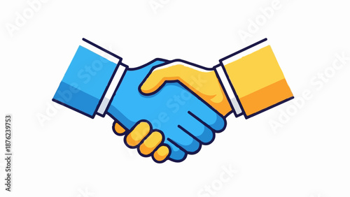 Two hands, one blue and one yellow, clasped in a firm handshake, symbolizing agreement