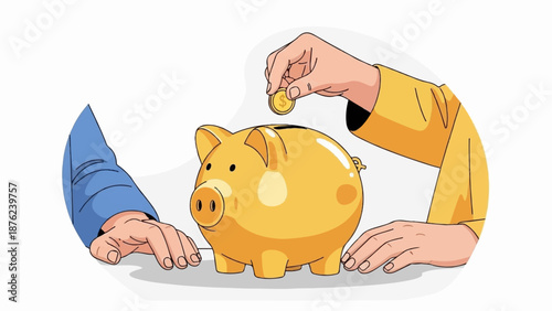 Two hands place a coin into a piggy bank, symbolizing saving money and financial planning