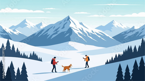 Two people and a dog explore a snowy mountain landscape under a cloudy sky