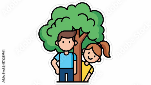 Two cartoon children hiding behind a lush green tree