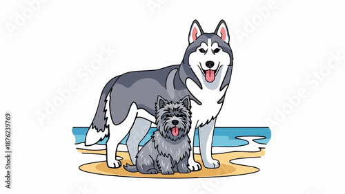 Two cartoon dogs, one large husky and a small terrier, stand on a beach with ocean waves