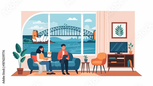 Two people and a dog relax in a living room with a scenic view of a harbor, bridge, and opera house