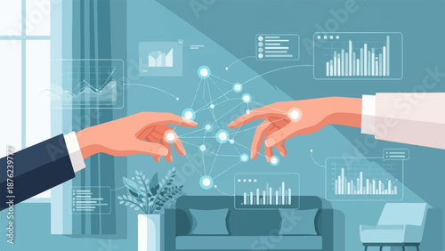 Two hands reach across a digital network, connecting data visualizations and charts in an office