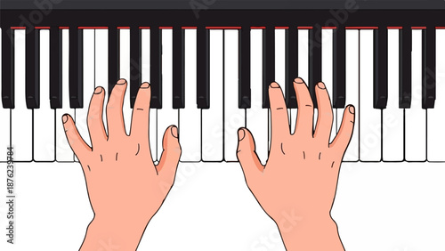 Two hands poised to play black and white keys on a piano