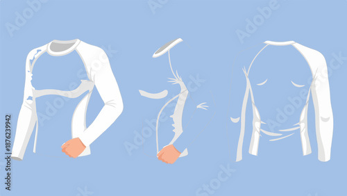 Three views of a blue and white long-sleeved shirt, one showing a hand