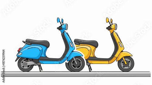 Two cartoon scooters, one blue and one yellow, parked side-by-side on a gray road