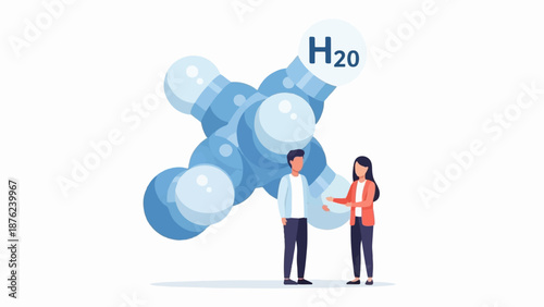 Two individuals discuss a large, stylized H2O molecule model against a white background