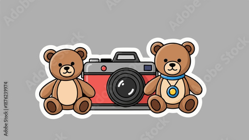 Two cartoon teddy bears sit beside a retro camera