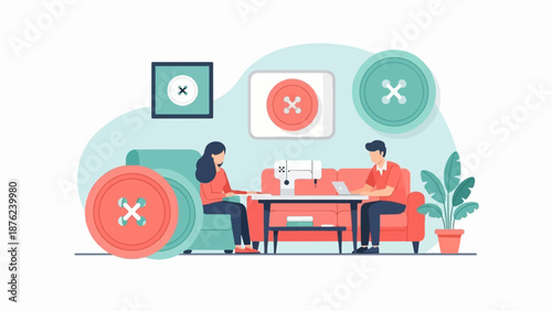 Two people at home, one sewing, one on laptop, surrounded by large buttons