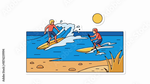 Two individuals enjoy water sports on a sunny day by the ocean