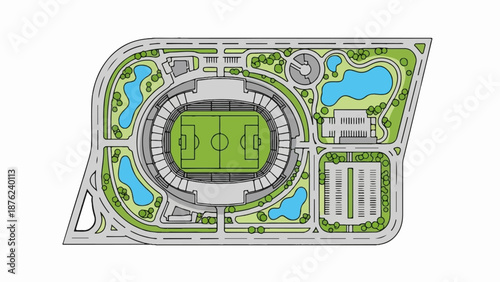 Top-down view of a modern sports stadium complex with surrounding green spaces and water features