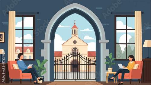 Two individuals relax indoors while a church stands outside, viewed through an archway