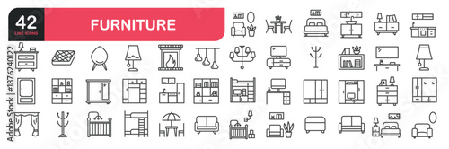 Set of line icons related to home interior and furniture. Outline icons collection. Editable stroke. Vector illustration