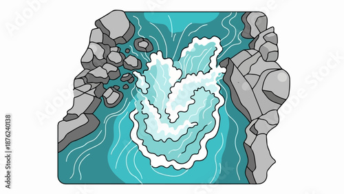 Top-down view of a river with churning white water and grey rocks on the banks