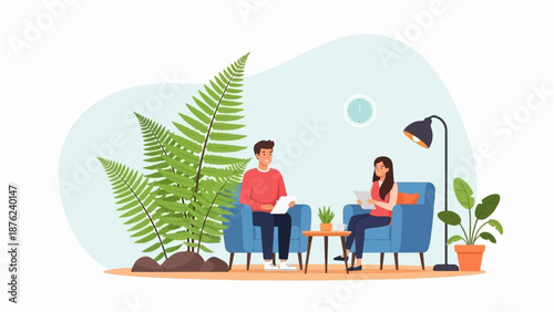Two people converse in a living room with plants and furniture