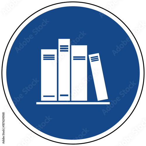 Blaues rundes Schild mit Bücherregal Symbol Vektor Icon für Bildung Wissen Bibliothek Lernen Schule Studium Literatur Buch Piktogramm Illustration Hinweisschild isoliert Grafik