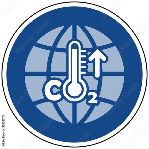 Blaues rundes Schild mit Erde CO2 und Thermometer Vektor Icon für Klimawandel Erderwärmung Global Warming Nachhaltigkeit Umweltschutz Piktogramm Illustration Grafik Hinweisschild