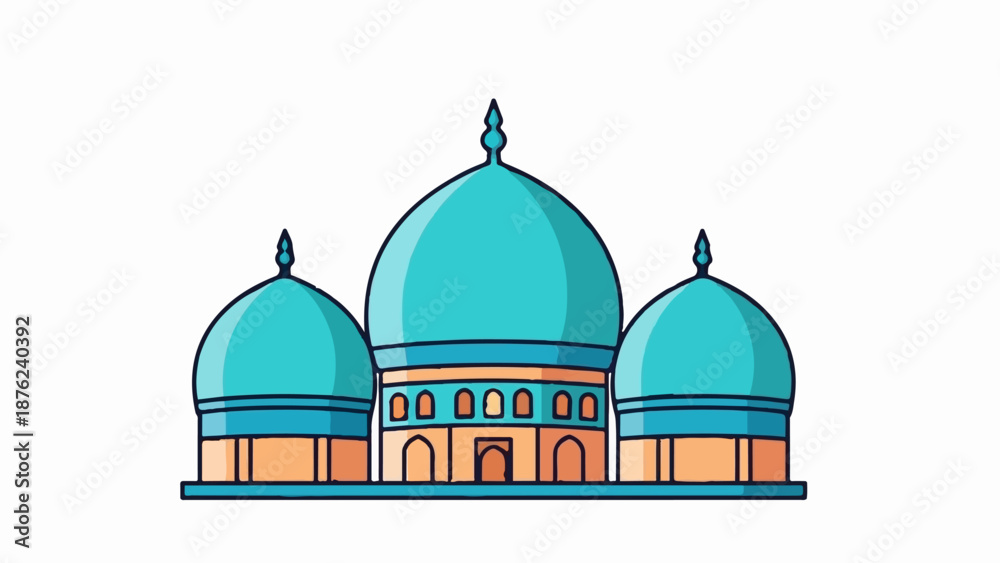 Obraz premium Stylized turquoise domed building with arched entrances and square windows