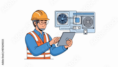 Technician in hard hat with tablet reviews air conditioning unit diagram