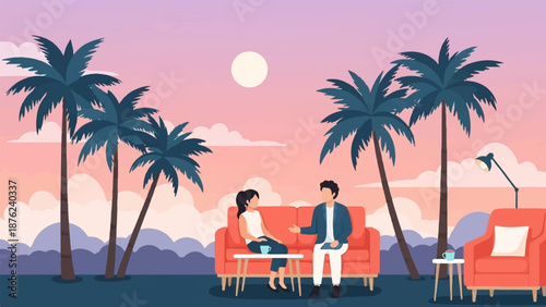 Two people converse on a sofa near palm trees under a pastel sunset sky