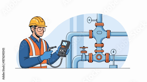 Technician inspects industrial pipes with a digital meter