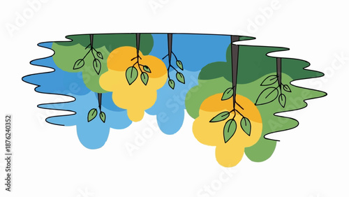 Stylized upside-down trees with yellow fruit hang against a blue and green abstract sky