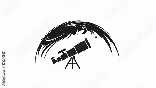 Telescope viewing swirling galaxy, moon, and stars