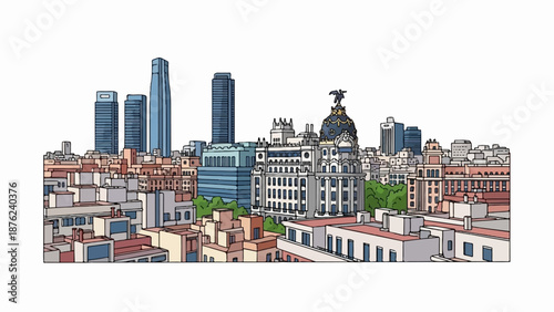 Stylized urban skyline with diverse architecture, from modern towers to classic domes