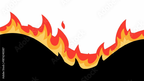 Stylized, vibrant flames in red and orange, rising from a black base, against a white background