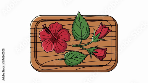 Stylized red hibiscus flower and buds on a wooden tray