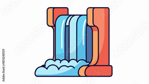 Stylized waterfall cascading into foamy clouds, framed by orange abstract structures