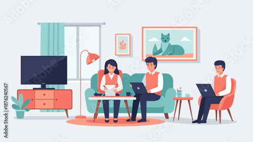 Three people in a living room, two working on laptops and one writing