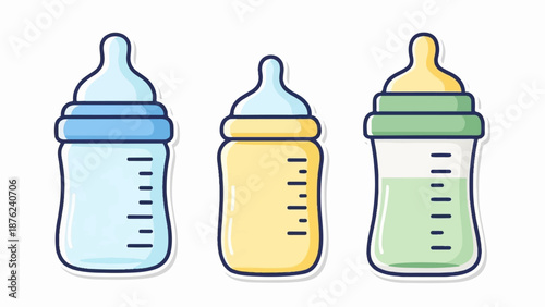 Three baby bottles in pastel colors with measurement markings