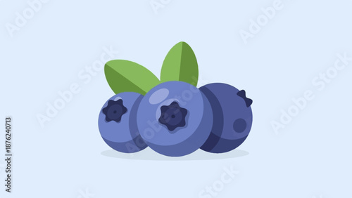 Three blue, ripe blueberries with green leaves on a light blue background