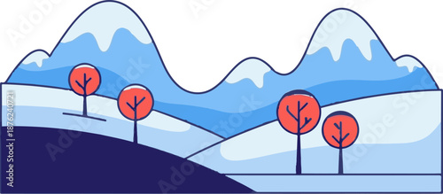 Stylized winter landscape with snow-capped mountains and bare, red-topped trees