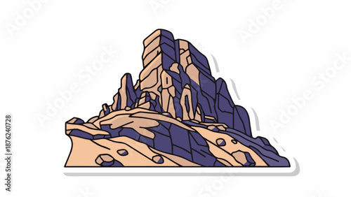 Stylized rock formation with layered peaks and sandy, uneven terrain