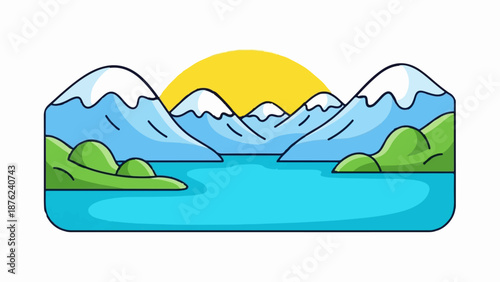 Stylized mountain peaks capped with snow, reflected in calm turquoise water under a bright sun