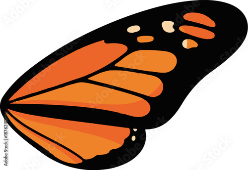 Stylized monarch butterfly wing, vibrant orange with black veins and dots