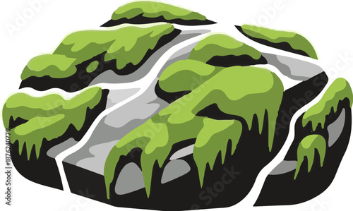 Stylized mossy rocks, green textures, grey stones, natural formation, isolated on white