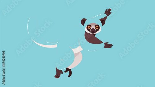 Stylized lemur with curious eyes and light blue suit, mid-leap