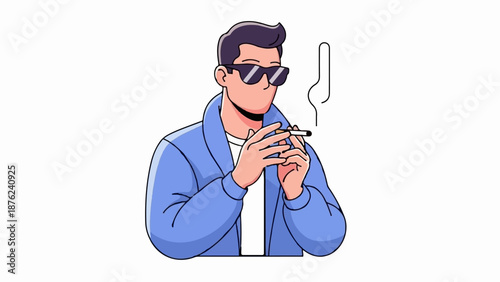 Stylized man in sunglasses and blue jacket holds a cigarette, smoke curls upwards
