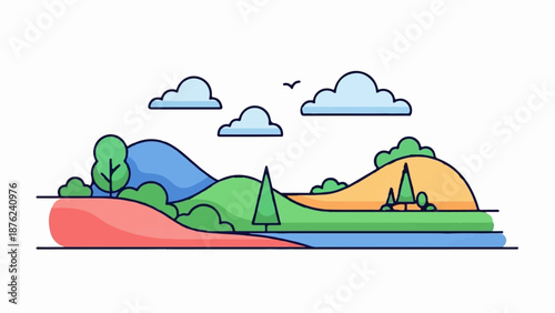 Stylized landscape with rolling hills, trees, clouds, and a bird