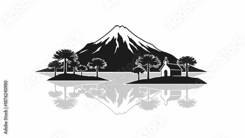 Stylized landscape with snow-capped mountain, trees, and a chapel reflected in water