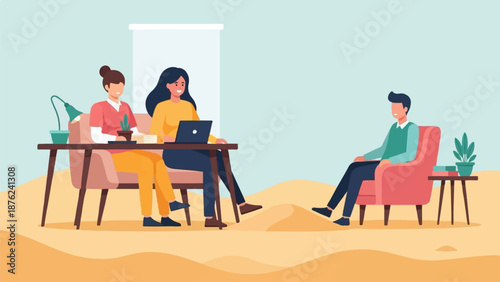 Three people in an office with a light blue background and sandy floor