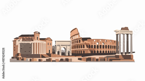 Stylized Roman skyline with iconic ancient structures depicted in earthy tones