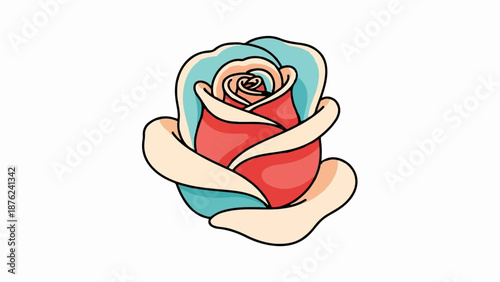 Stylized rose with red center, teal inner petals, and pale yellow outer petals