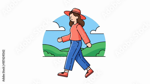 Stylized woman in a hat walking outdoors with rolling hills and clouds