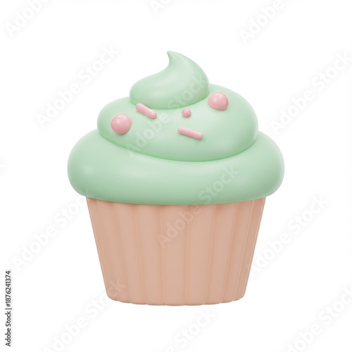Pastel Green Frosted Cupcake with Pink Sprinkles on White Seamless Background