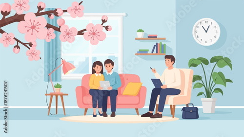 Three people interacting in a brightly lit room with a cherry blossom branch